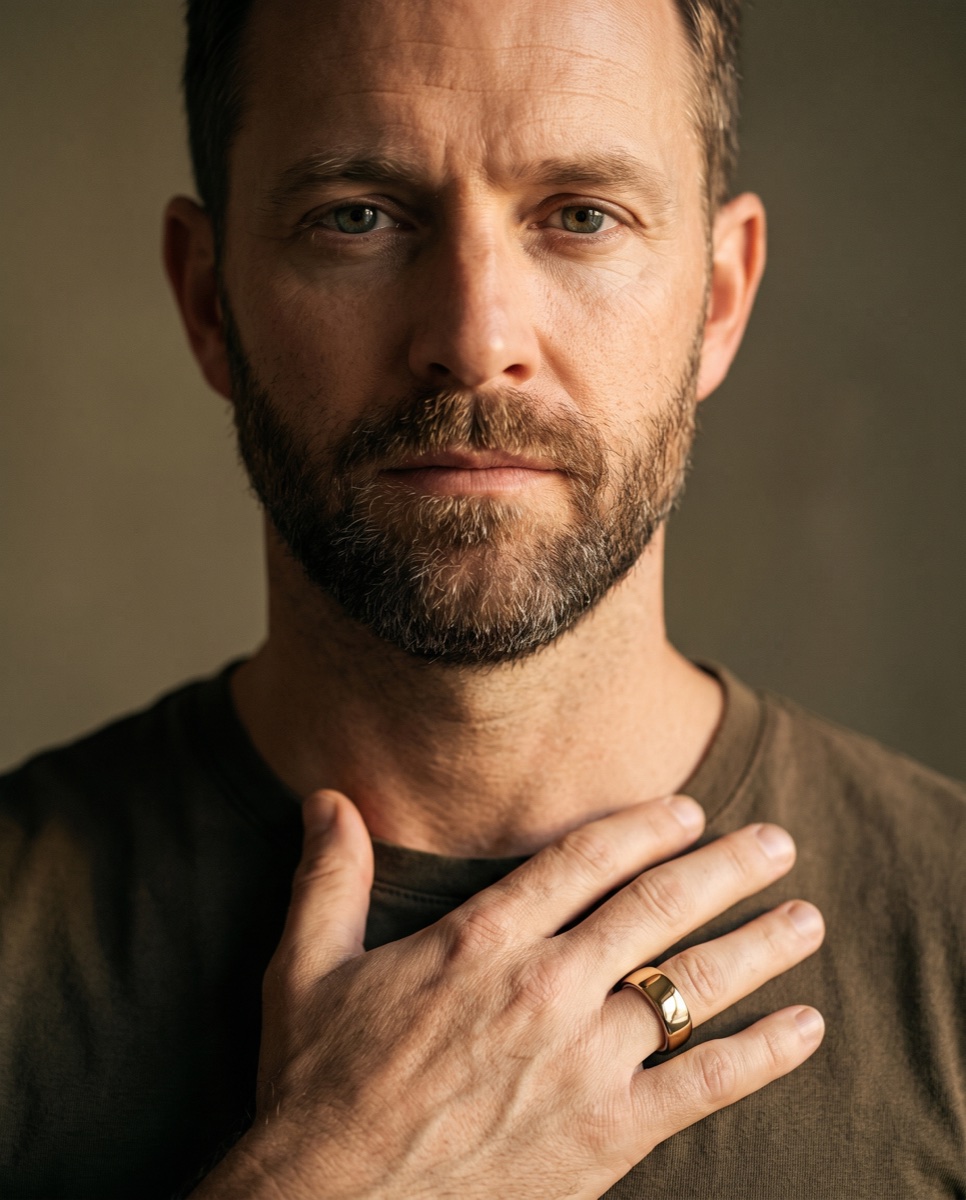 A man pausing with a hand on his chest, wearing the ring